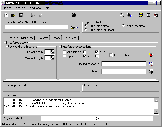 Advanced Word 97 Password Recovery Screenshot